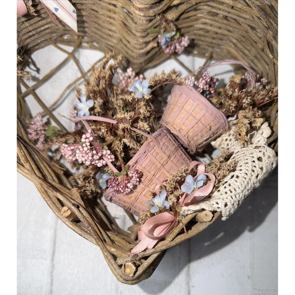 Twig Heart Wreath Primitive Rustic Country Cottage Pink Floral Basket Wall Decor